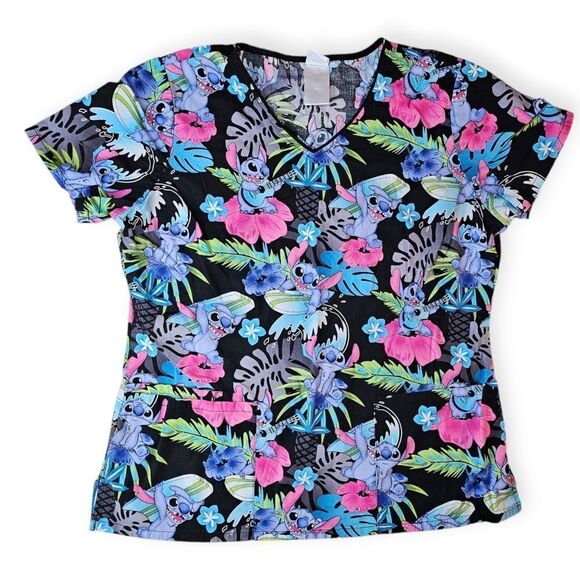 Disney Stitch Black Floral Scrub Top Medium - Picture 1 of 6